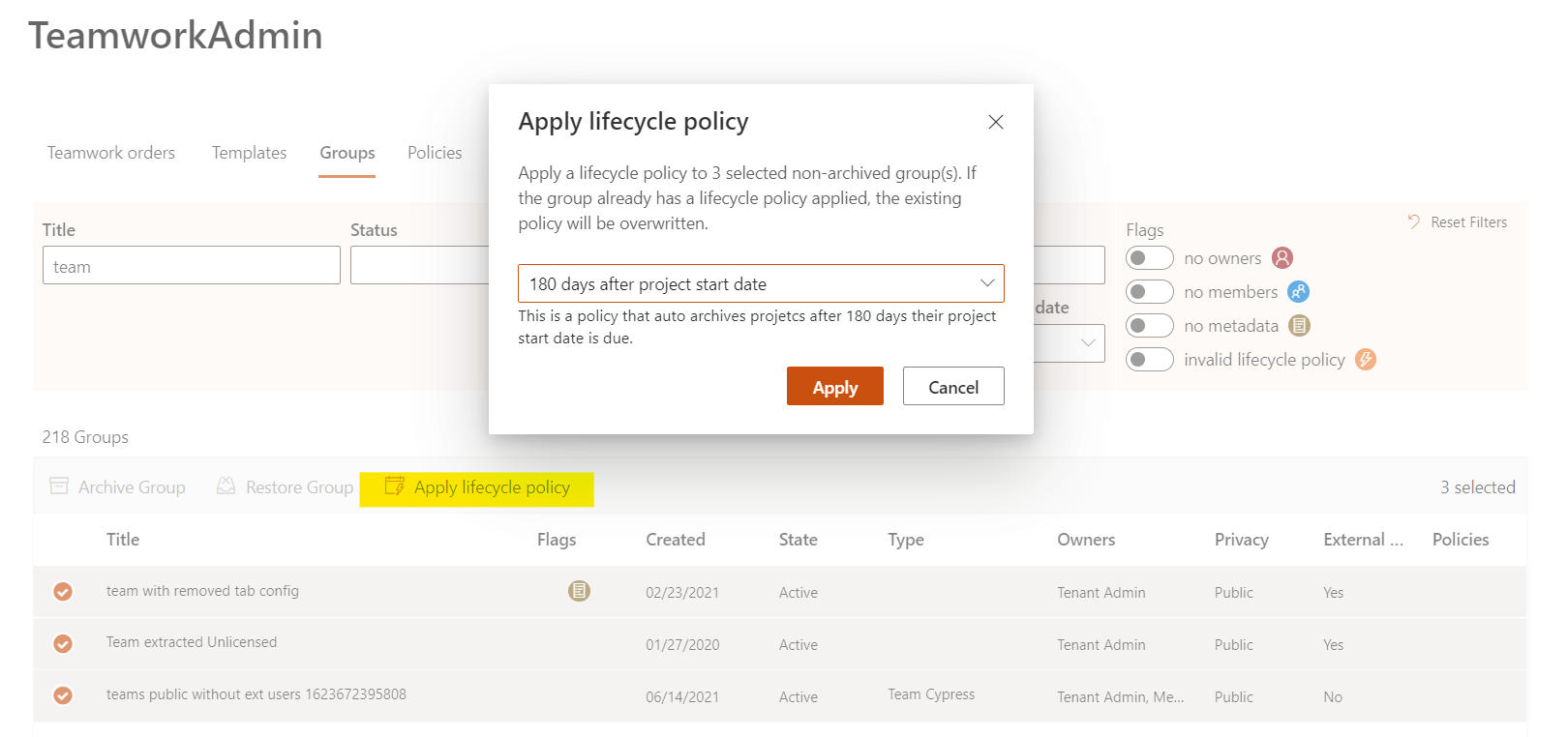 Apply lifecycle policy to existing workspaces